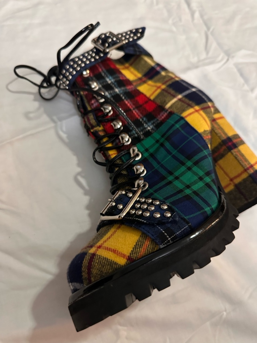 Jeffrey Campbell Plaid Studded Lace-Up Block Heel Boots - Yellow/Green/Blue - Picture 8 of 10